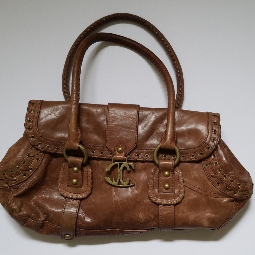 Just Cavalli Brown Leather Satchel Handbag